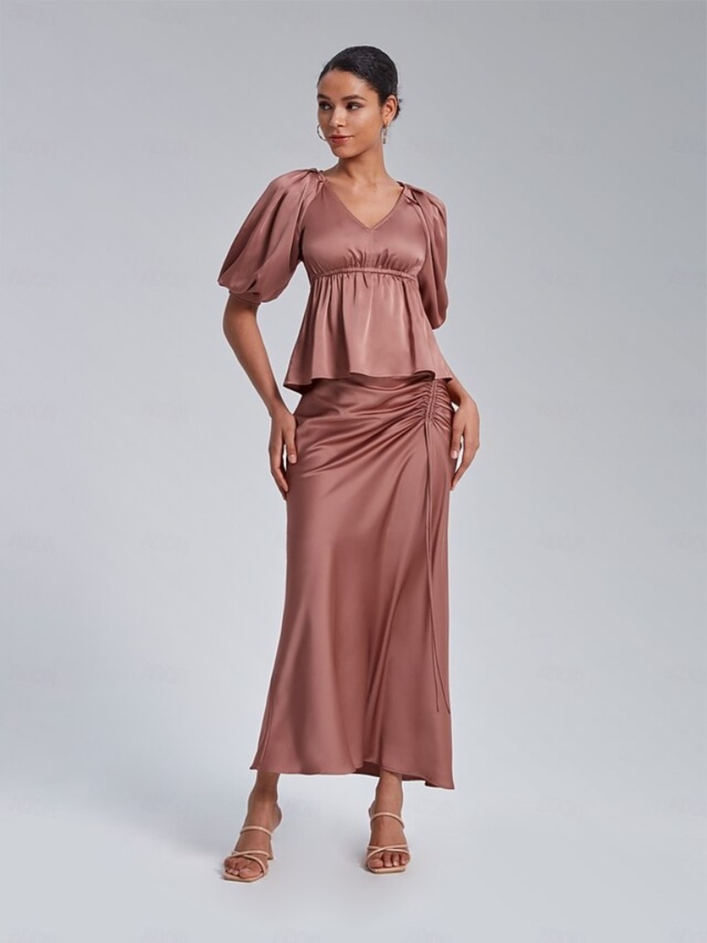 ADOR Midi Satin Rosa skirt set 2 Piece SET  Peplum Shirred NWT L